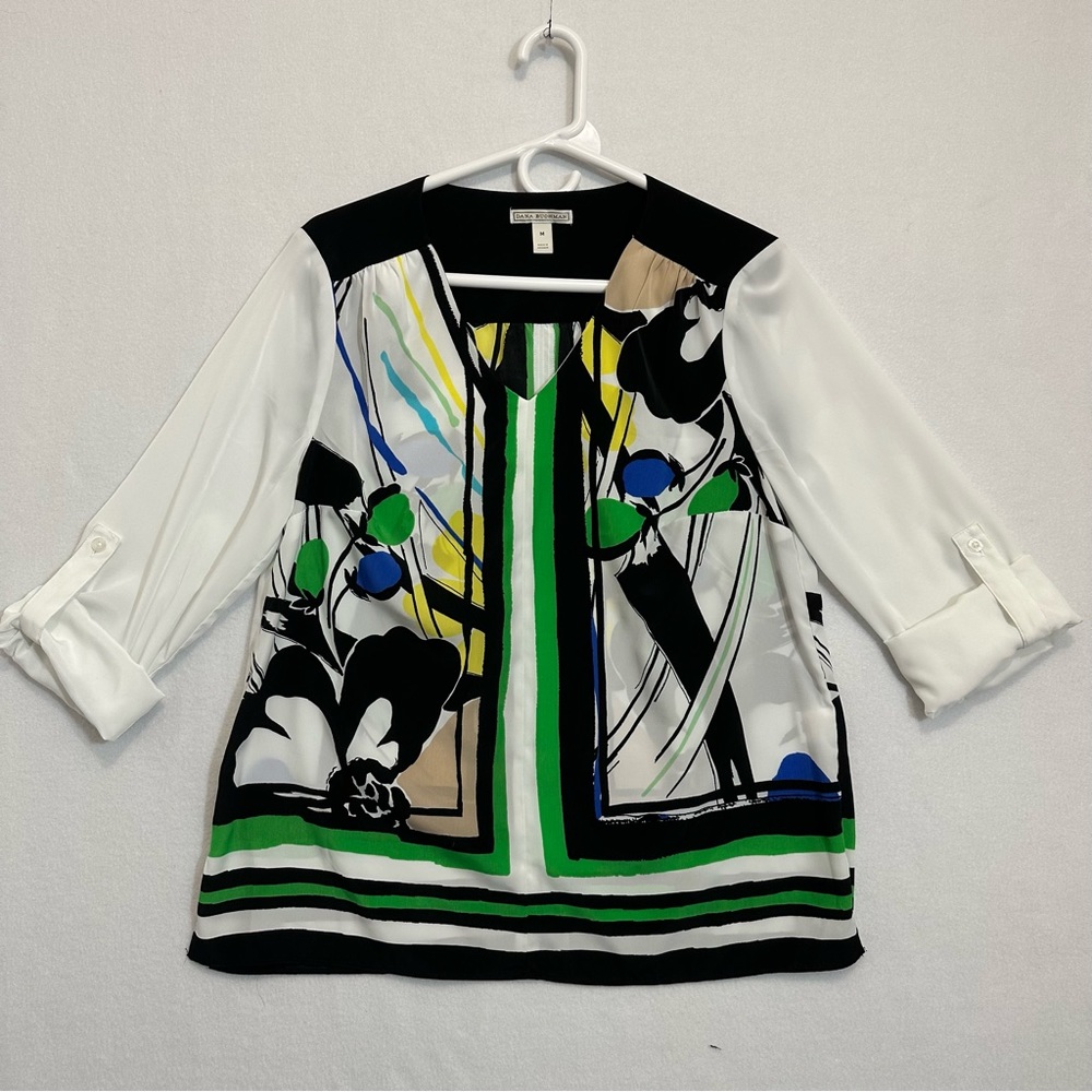 Dana Buchman Women Blouse Top Size M White Black Green